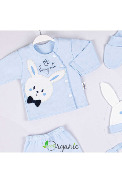 10 Piece Organic Newborn Baby Hospital Discharge Set with Bow Tie Rabbit Embroidery - Blue for Boys - 4