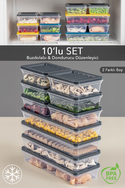 10 Piece Refrigerator Organizer Microwave and Freezer Safe Storage Container Anthracite 4 X 1170 ml - 6 X 600ml - 1