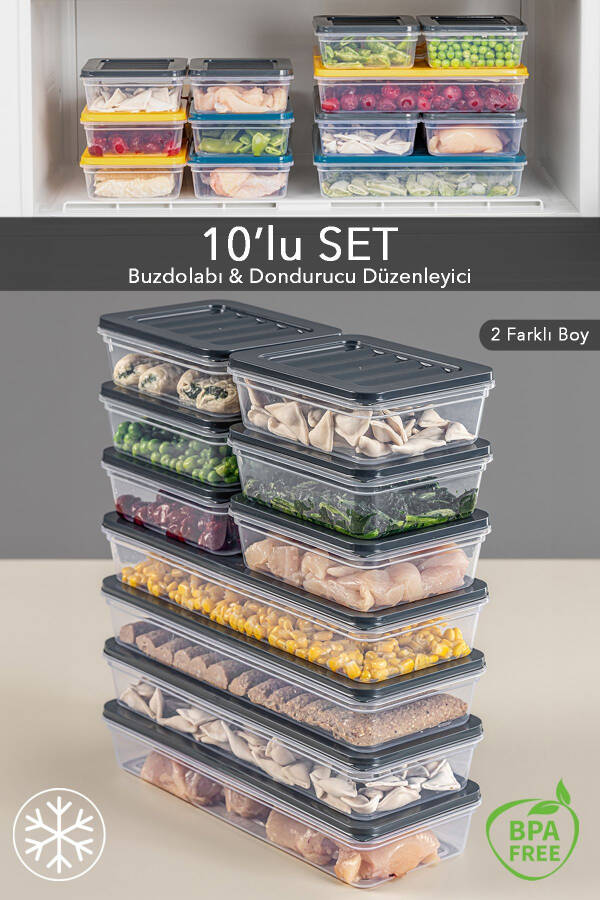 10 Piece Refrigerator Organizer Microwave and Freezer Safe Storage Container Anthracite 4 X 1170 ml - 6 X 600ml - 1