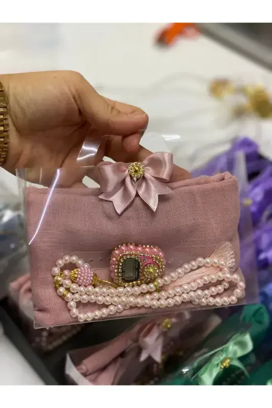 10-Piece Women's Umrah, Hajj Gift Set, Cotton Muslin, Glass Pearl Rosary, Stone Dhikr Counter-Pink - Modazone