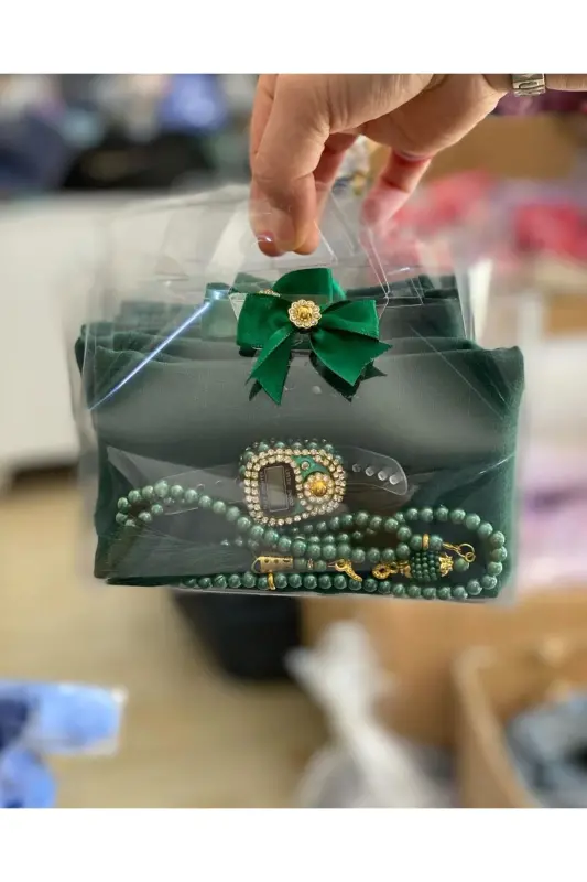 10-Piece Women's Umrah, Hajj Gift Set, Cotton Turban, Glass Pearl Rosary, Stone Zikirmatik-Green - GENEL MARKALAR