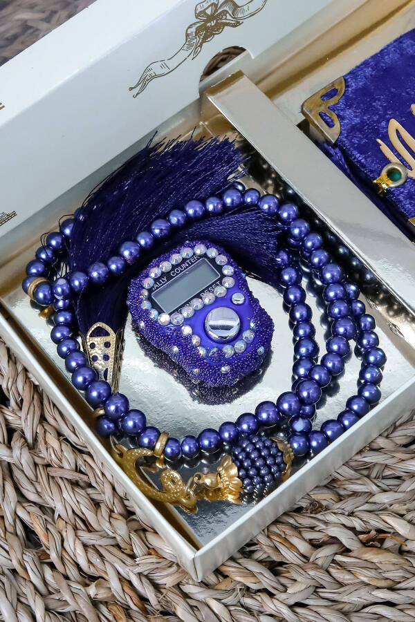 10 Pieces - Gemstone Zikirmatik Tasbih Modazoneatik Velvet Covered Mini Quran 99 Pearl Tasbih Set - 6