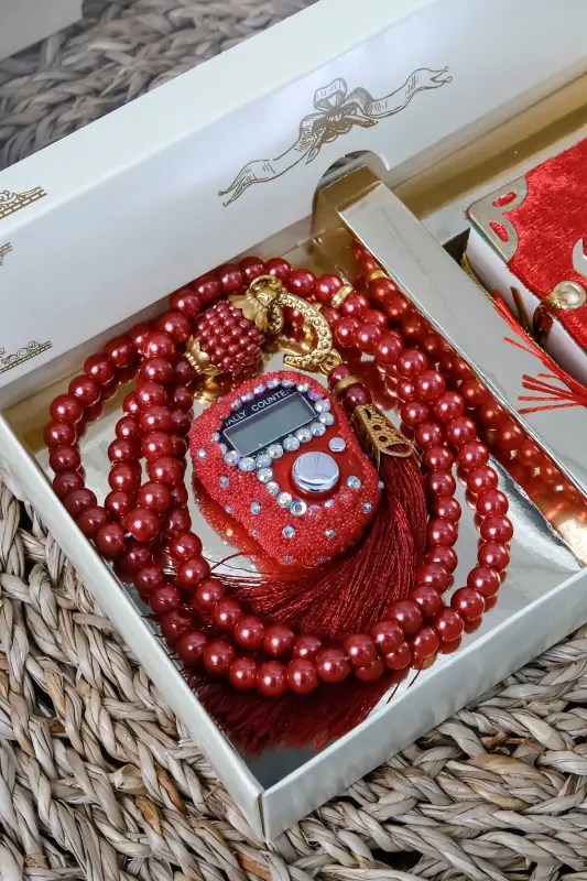 10 Pieces of Gemstone Zikrmatic Rosary Modazoneatik Velvet Covered Mini Quran 99 Pearl Rosary Set - Red - 6