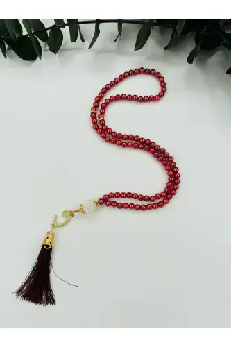 10 Pieces of Vav Tasseled Burgundy Plastic Pearl 99 Prayer Beads (Mawlid-Circumcision-Hajj-Umrah)-BURGUNDY - 1