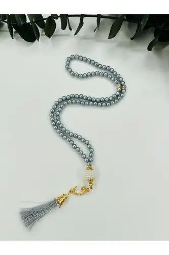 10 Pieces of Vav Tasseled Gray Plastic Pearl 99 Prayer Beads (Mawlid-Circumcision-Hajj-Umrah)-SILVER 