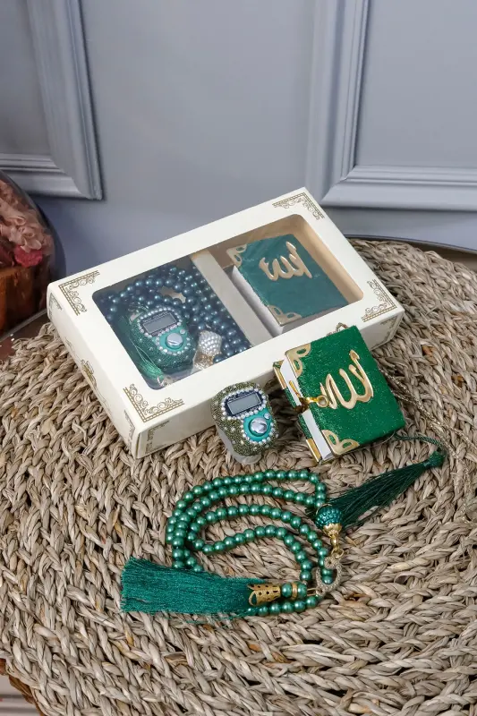 10 Pieces - Stone Rosary TesbiModazoneatic Velvet Covered Mini Quran 99 Pearl Rosary Set-Green - HAC UMRE HEDIYELIK