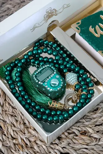 10 Pieces - Stone Rosary TesbiModazoneatic Velvet Covered Mini Quran 99 Pearl Rosary Set-Green - 6