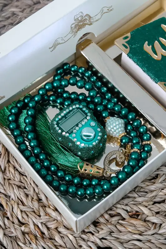 10 Pieces - Stone Rosary TesbiModazoneatic Velvet Covered Mini Quran 99 Pearl Rosary Set-Green - 6