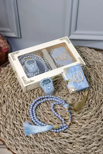 10 Pieces - Stone Rosary TesbiModazoneatik Velvet Covered Mini Quran 99 Pearl Rosary Set-Blue - 1