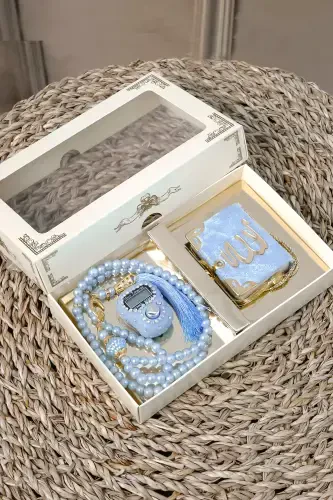 10 Pieces - Stone Rosary TesbiModazoneatik Velvet Covered Mini Quran 99 Pearl Rosary Set-Blue - HAC UMRE HEDIYELIK (1)