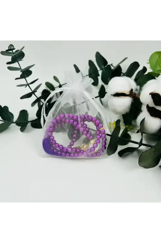 10 Purple Pearl Rosaries with Tulle Gift Bags (MEVLID-HAJJ-UMRAH-CIRCUMCISION)-PURPLE - 1