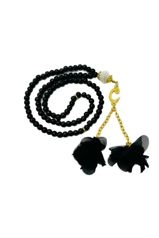 10 Rosary Prayer Beads with Rose and 99 Glass Beads (Mawlid-Circumcision-Hajj-Umrah) - BLACK - 1