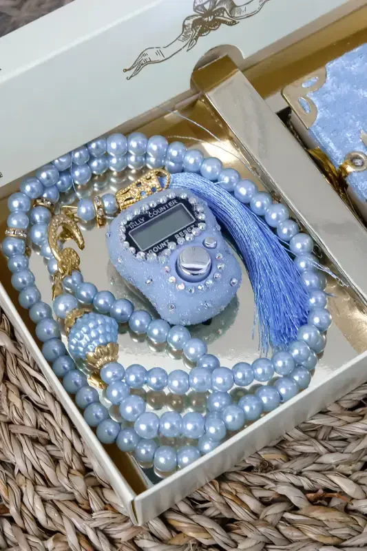 10 шт. - Четки для зикра с камнями TesbiModazoneatik, мини-Коран в бархатном переплете, набор жемчужных четок из 99 бусин - синий - 6