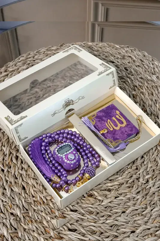 10 Stone Rosary Digital Counter Modazone Velvet Covered Mini Quran 99 Pearl Rosary Set-Purple - 2