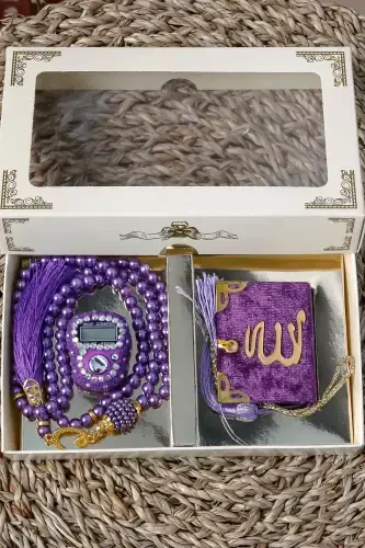 10 Stone Rosary Digital Counter Modazone Velvet Covered Mini Quran 99 Pearl Rosary Set-Purple - 3