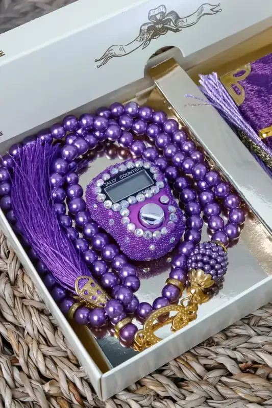 10 Stone Rosary Digital Counter Modazone Velvet Covered Mini Quran 99 Pearl Rosary Set-Purple - 6