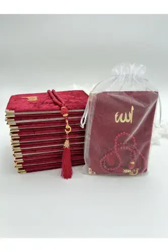 10 ta Bordo sovg'ali tyul qopchali baxmal Yosin kitobi va marjonli tasbeh to'plami (Mavlud-sunnat-haj-umra) - BORDO - 1