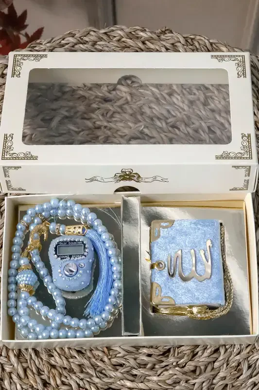 10 ta - Toshli Zikirmatik TasbehModazoneatik Kadife Qoplangan Mini Qur'on 99 ta Marvarid Tasbeh To'plami - Moviy - 3