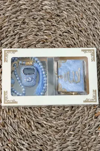 10 ta - Toshli Zikirmatik TasbehModazoneatik Kadife Qoplangan Mini Qur'on 99 ta Marvarid Tasbeh To'plami - Moviy - 4