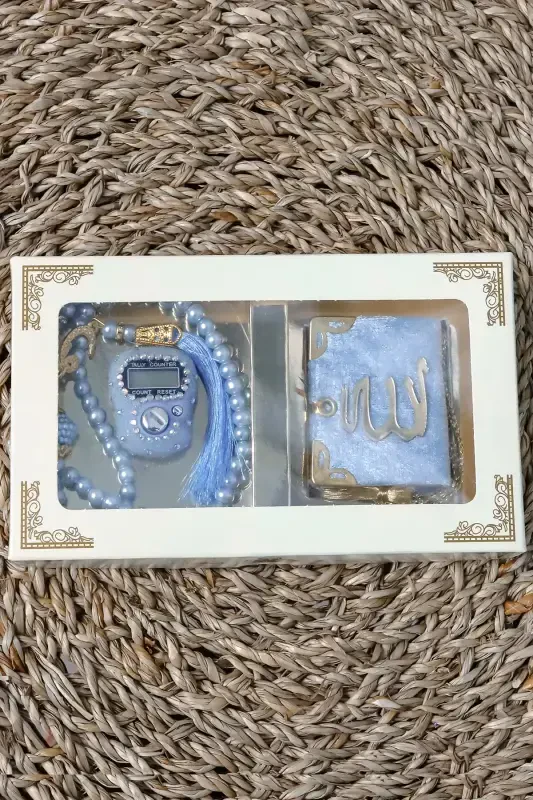 10 ta - Toshli Zikirmatik TasbehModazoneatik Kadife Qoplangan Mini Qur'on 99 ta Marvarid Tasbeh To'plami - Moviy - 4