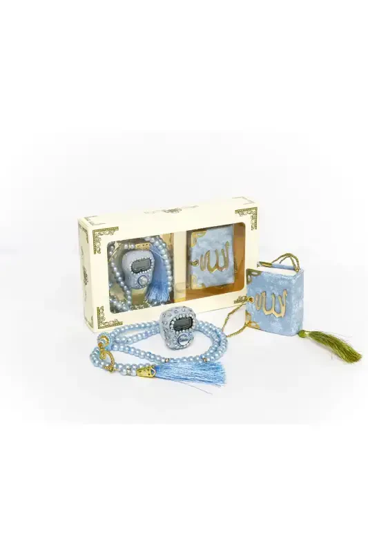 10 ta - Toshli Zikirmatik TasbehModazoneatik Kadife Qoplangan Mini Qur'on 99 ta Marvarid Tasbeh To'plami - Moviy - 8