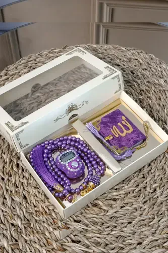 10 ta toshli zikr tasbihi TesbiModazoneatik baxmal qopli mini Qur'on 99 ta marjonli tasbih to'plami - Binafsha - HAC UMRE HEDIYELIK (1)