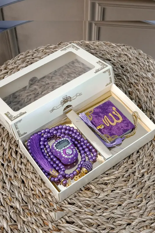 10 ta toshli zikr tasbihi TesbiModazoneatik baxmal qopli mini Qur'on 99 ta marjonli tasbih to'plami - Binafsha - 2