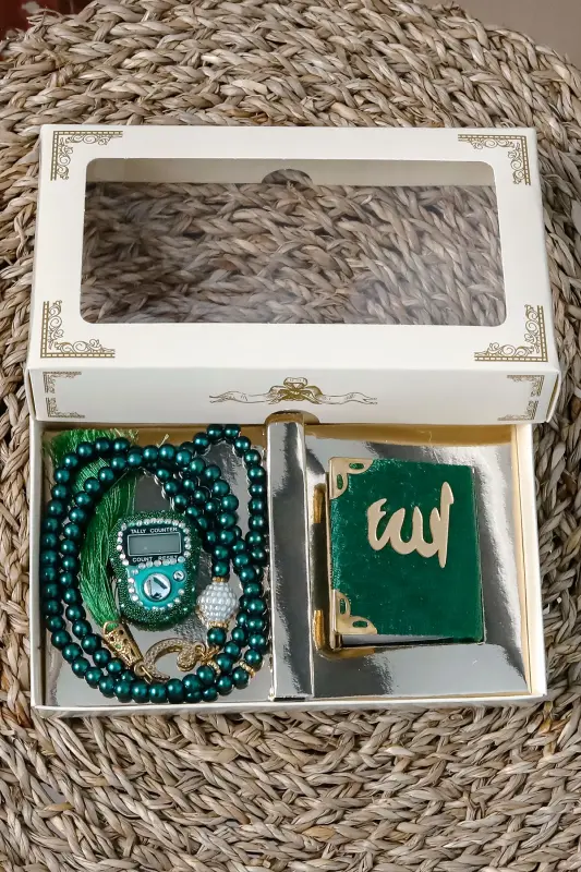 10 ta - Toshli Zikrmatik TasbehModazoneatik Kadife bilan qoplangan Mini Qur'on 99 ta Marvarid Tasbeh to'plami - Yashil - 3