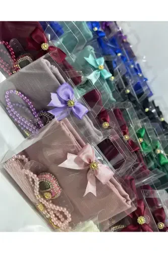 10 taʼlik ayollar Umra, Haj sovgʻa toʻplami, paxta roʻmol, shisha munchoqli tasbeh, toshli zikr tugmasi-pushti - 5