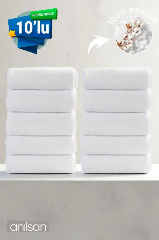 10 White Hand Towels - 50x90 Cm, 225 Gr, 100% Co - ANILSAN