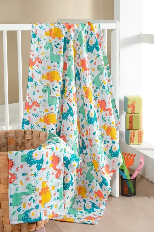100% Cotton 2-Piece Muslin Baby Blanket Baby Cover Multipurpose Cover 100x100 Size Soft Texture-Dinosaur - 2
