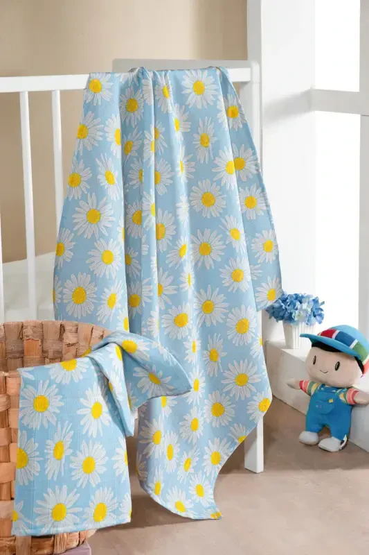 100% Cotton 2-Piece Muslin Baby Blanket Baby Swaddle Multi-Purpose Cover 100x100 Size Soft Texture-Daisy - 2