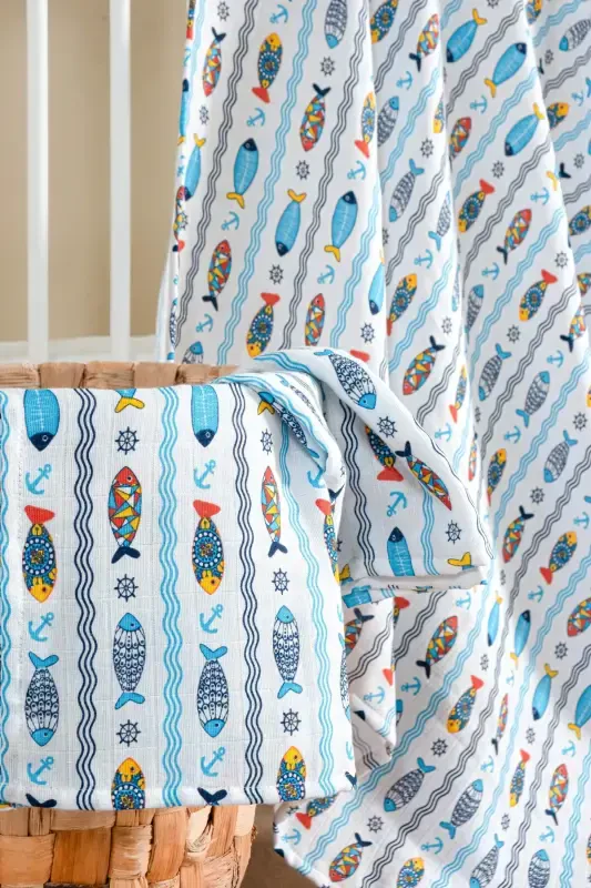 100% Cotton 2-Piece Muslin Baby Blanket Multi-Purpose Cover 100x100 Size Soft Texture-Fish - Modazone