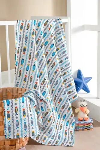 100% Cotton 2-Piece Muslin Baby Blanket Multi-Purpose Cover 100x100 Size Soft Texture-Fish - Modazone (1)
