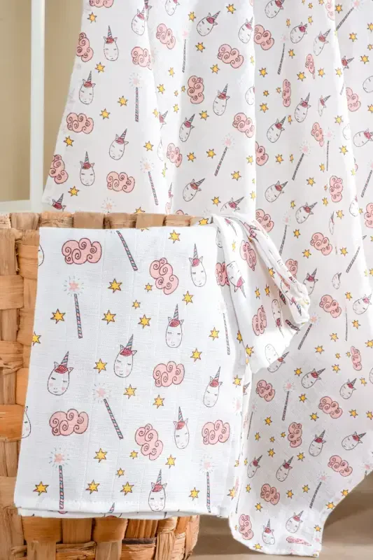 100% Cotton 2-Piece Set Muslin Baby Blanket Baby Swaddle Multi-Purpose Blanket 100x100 Size Soft Texture-Unicorn - Modazone