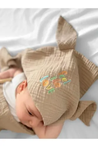 100% Cotton 4 Layer Muslin Swaddle Baby&Kids Swaddle 80x80cm Embroidered Muslin Swaddle-Beige - MOM CHERIE (1)