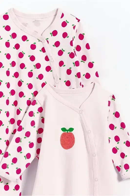 100% Cotton Apple Printed Footed 2-Pack Baby Girl Romper - White - 5