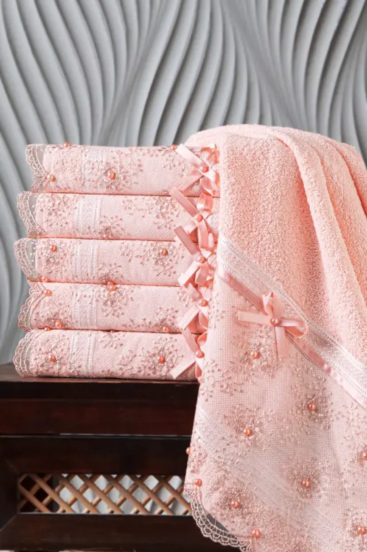 100% Cotton Beaded Guipure 6-Piece Towel 50x85 - Powder - KARDELEN