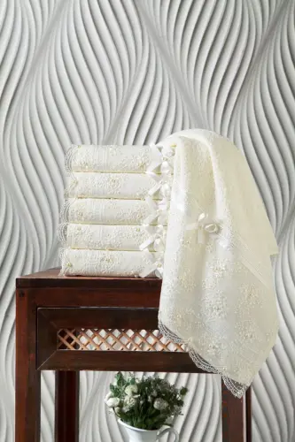100% Cotton Beaded Guipure 6-Piece Towel Set 50x85-Cream - KARDELEN (1)