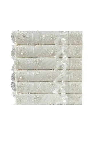 100% Cotton Beaded Guipure 6-Piece Towel Set 50x85-Cream - 3