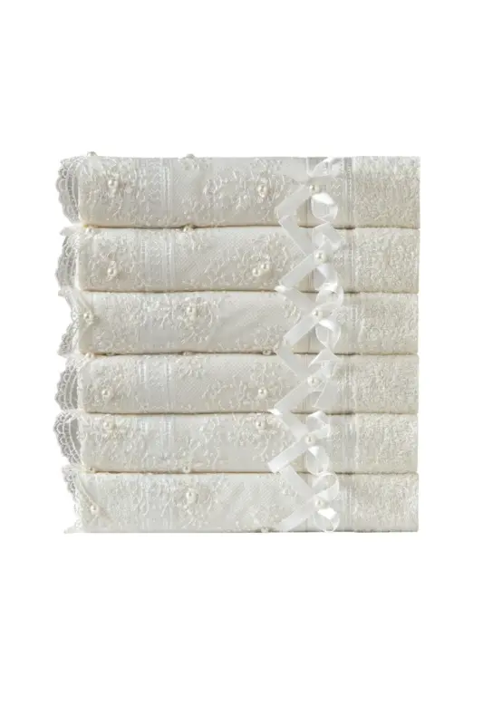 100% Cotton Beaded Guipure 6-Piece Towel Set 50x85-Cream - 3
