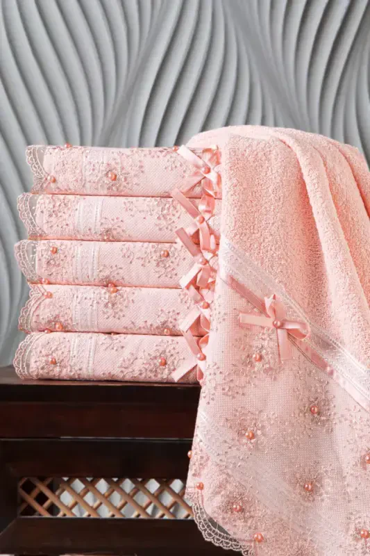 100% Cotton Beaded Guipure 6-Piece Towel Set 50x85-Powder - 1