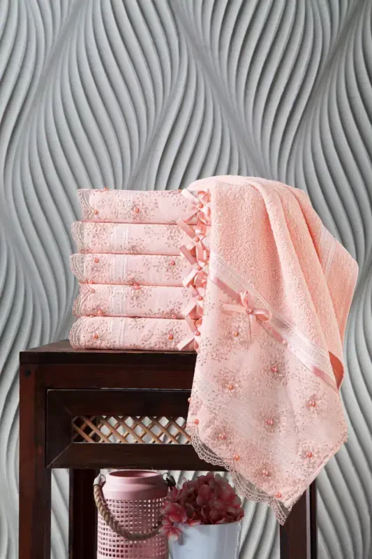 100% Cotton Beaded Guipure 6-Piece Towel Set 50x85-Powder - 2