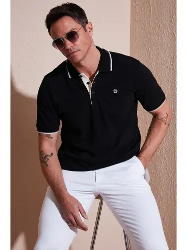 100% Cotton Buttoned Slim Fit Men's Polo Neck T Shirt 5902118-Black - 1