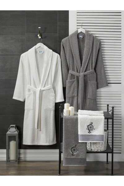 %100 Cotton Compass Embroidered 4-Piece Family Robe Set White | Grey - B2B PLUS