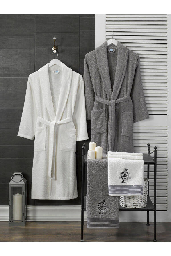 %100 Cotton Compass Embroidered 4-Piece Family Robe Set White | Grey - 1