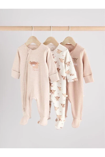 100% Cotton Cream Bull Pattern 3-Piece Sleepsuit Set - NEXT BABY