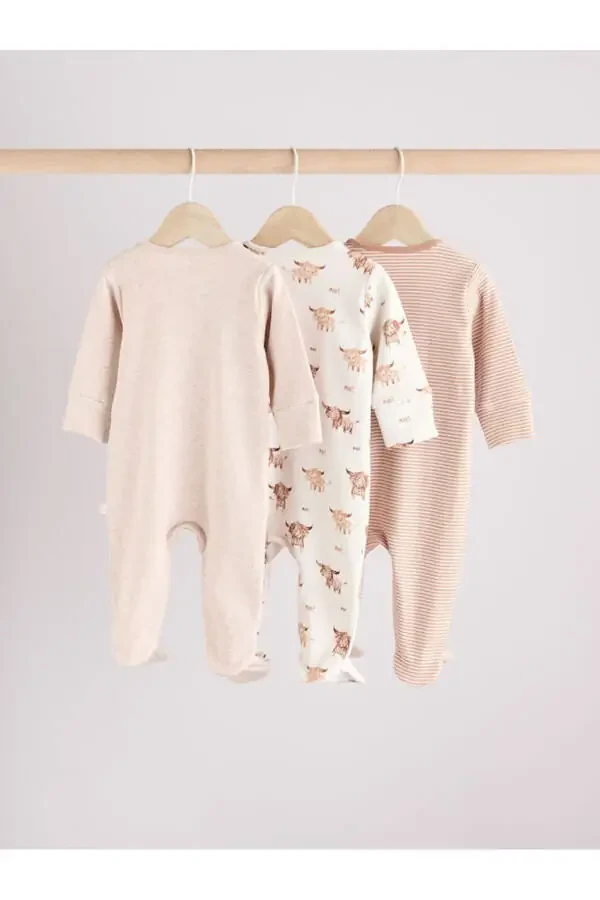 100% Cotton Cream Bull Pattern 3-Piece Sleepsuit Set - 2