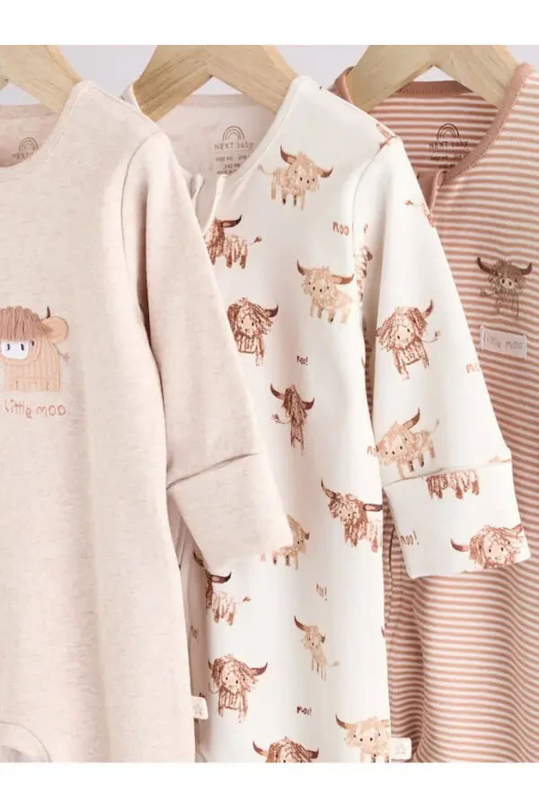 100% Cotton Cream Bull Pattern 3-Piece Sleepsuit Set - 3