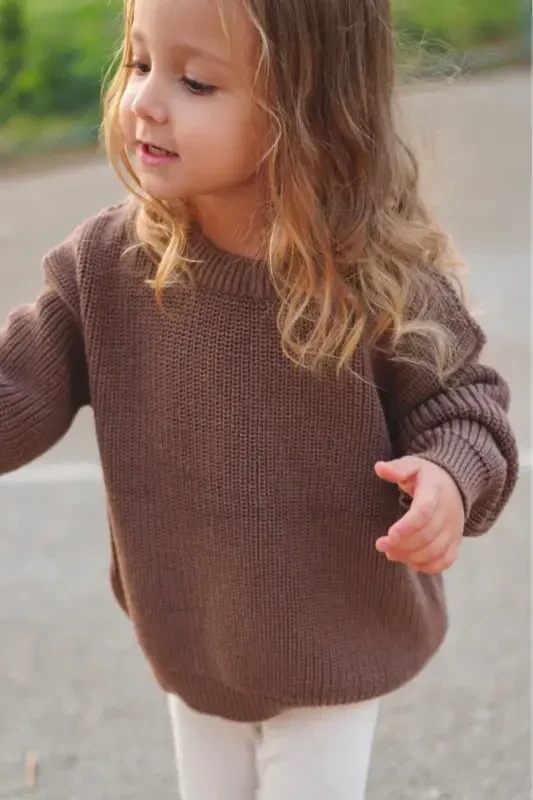 100% Cotton Crew Neck Kids' Rib Knit Sweater-Bitter Chocolate - VENNUSBABY
